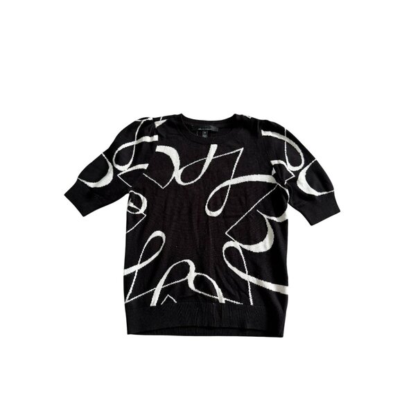 WHITE HOUSE BLACK MARKET White B;ack Ribbon Patterned short Sleeve Sweater Size - Picture 6 of 6